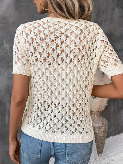 Angelique - Eleganter V-Ausschnitt Kurzarmpullover Aus Spitze